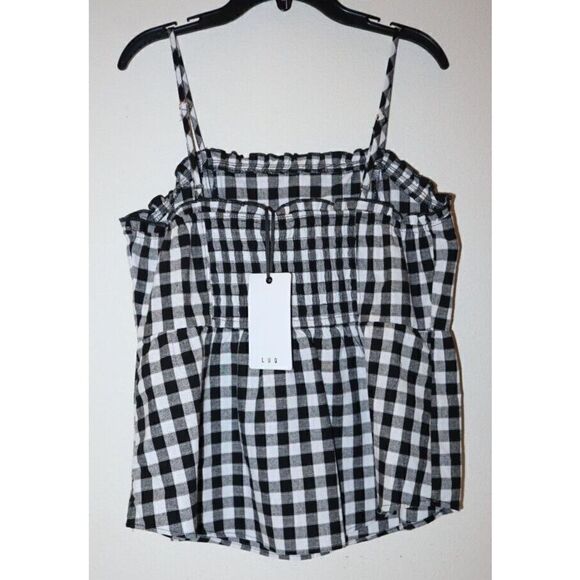 LUQ J75800CGZBP Women's Sz M Black/White Plaid Smocked Spaghetti Strap Tank Top - Picture 2 of 4